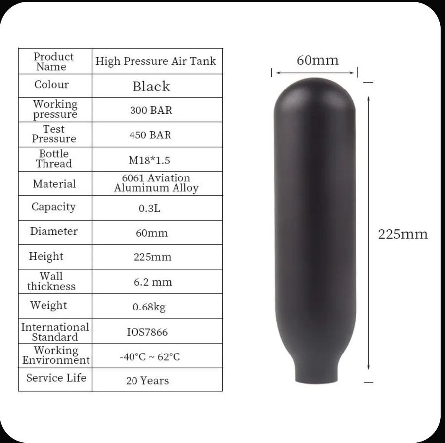 Газовый баллон HPA M18*1.5 объемом 0,3 л